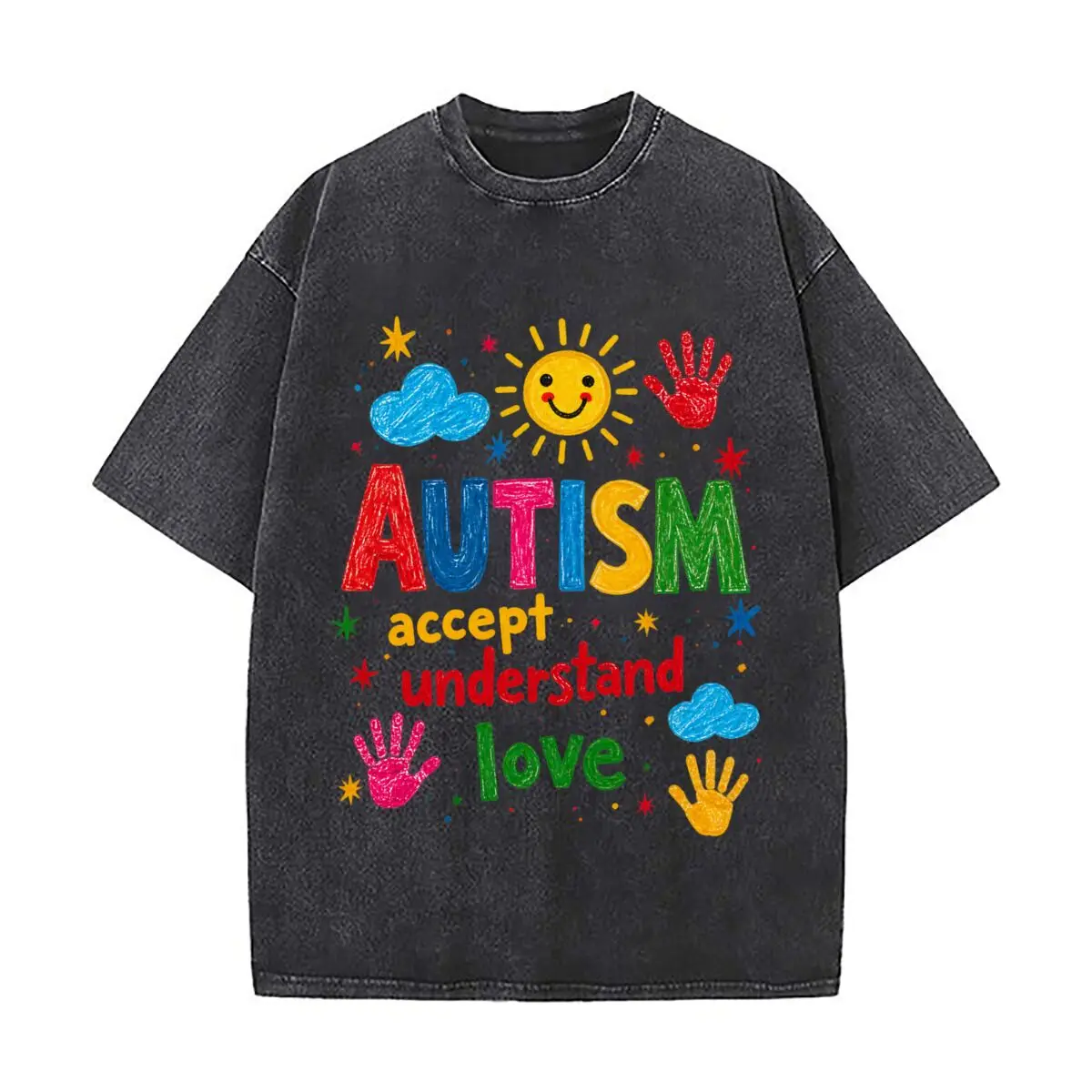 Autism Accept Understand Love Colorful Awareness Typography Distressed Faded Baggy Streetwear Tops for Park Hangouts