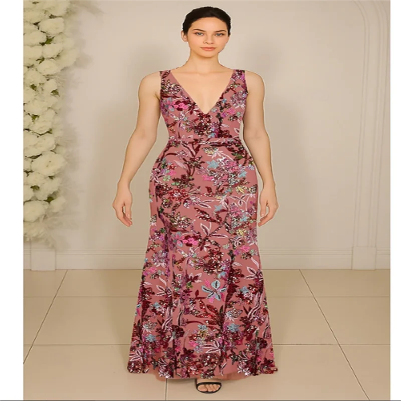 Hight qulity elegante vestido de baile com decote em v longo vestido de festa para mulher rendas seqine vestidos de noite sem mangas 2026 personalizado