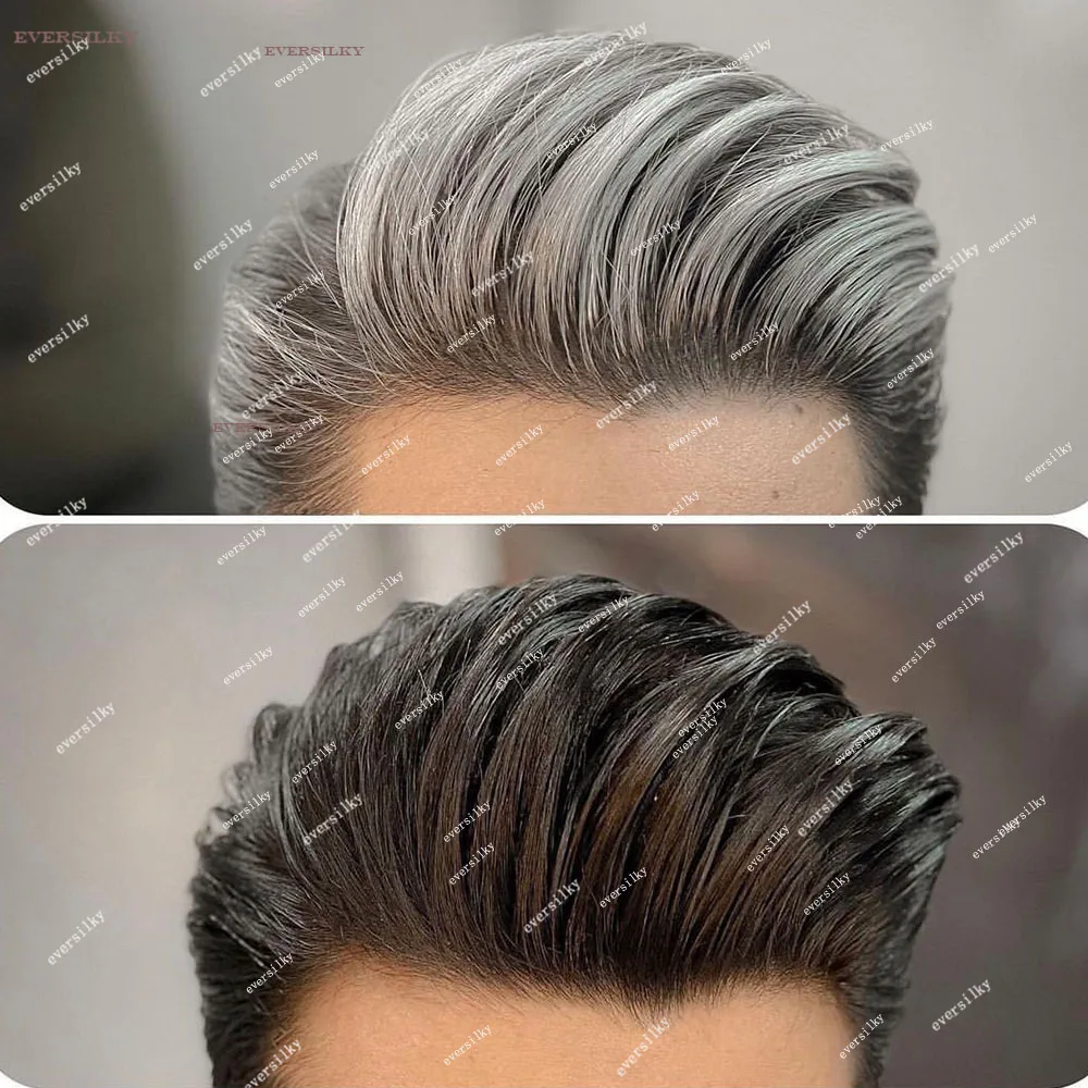 Perucas super duráveis do Toupee para homens cinza, preto, 1B80, 1B65, cabelo humano fino, linha fina natural, pele de Microskin, prótese capilar do plutônio