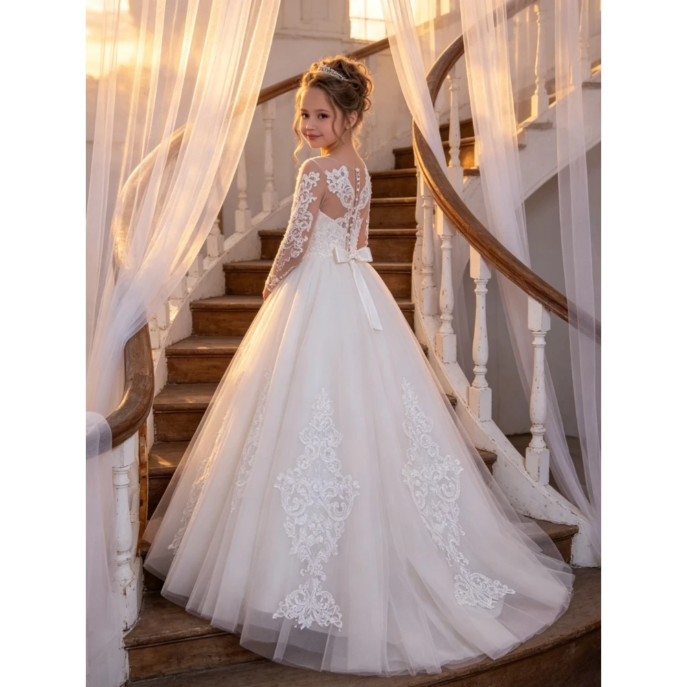 Customized Long Sleeved Lace Wedding Dresses Sheer and Floor Skirt with Back Decal Bow Suitable for Children's Princess Parties