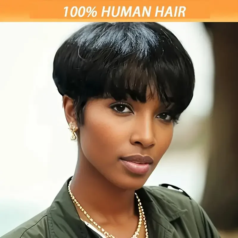 Short Bob Wig Straight Human Hair Wigs With Bangs Non Lace Front Wigs For Women Pixie Cut Wig Natural Color Full Machine Made