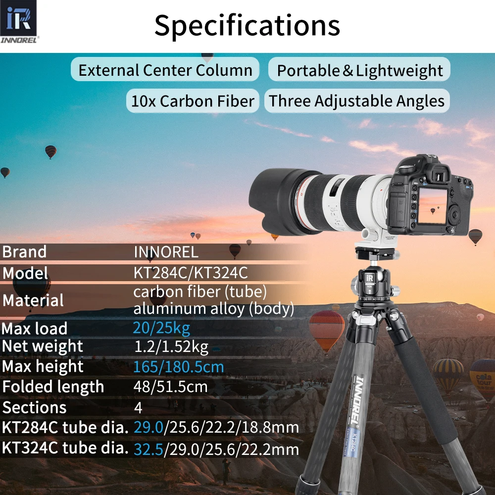 INNOREL KT284C/324C Professional Carbon Fiber Tripod for DSLR Camera with Low Gravity Ballhead&Short Center Column