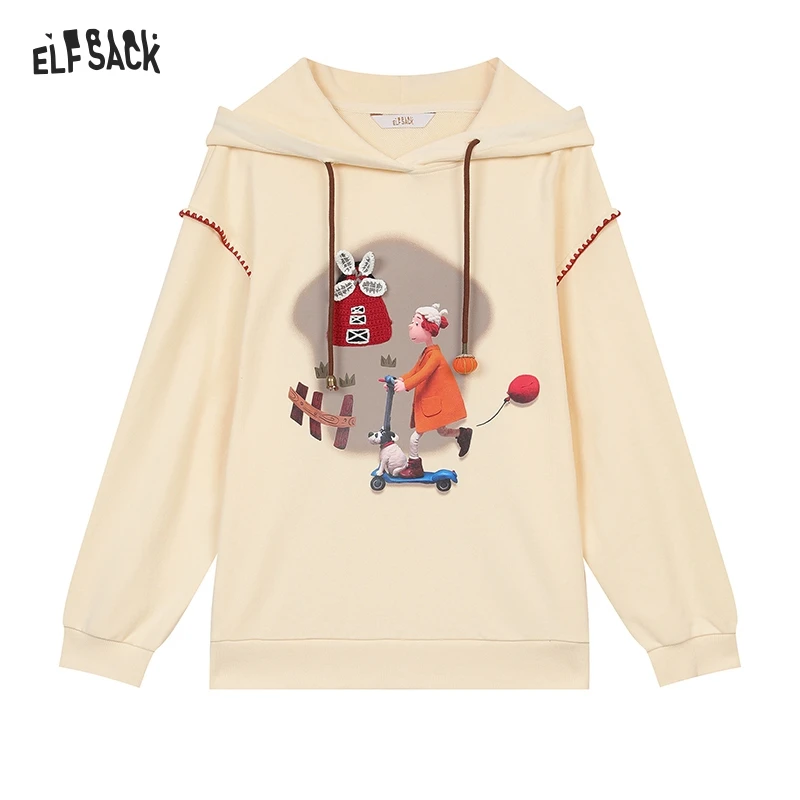 ELFSACK 2024 Autumn New Arrivals Fun Print Casual Hoodie for Women Loose Thin Sweatshirt