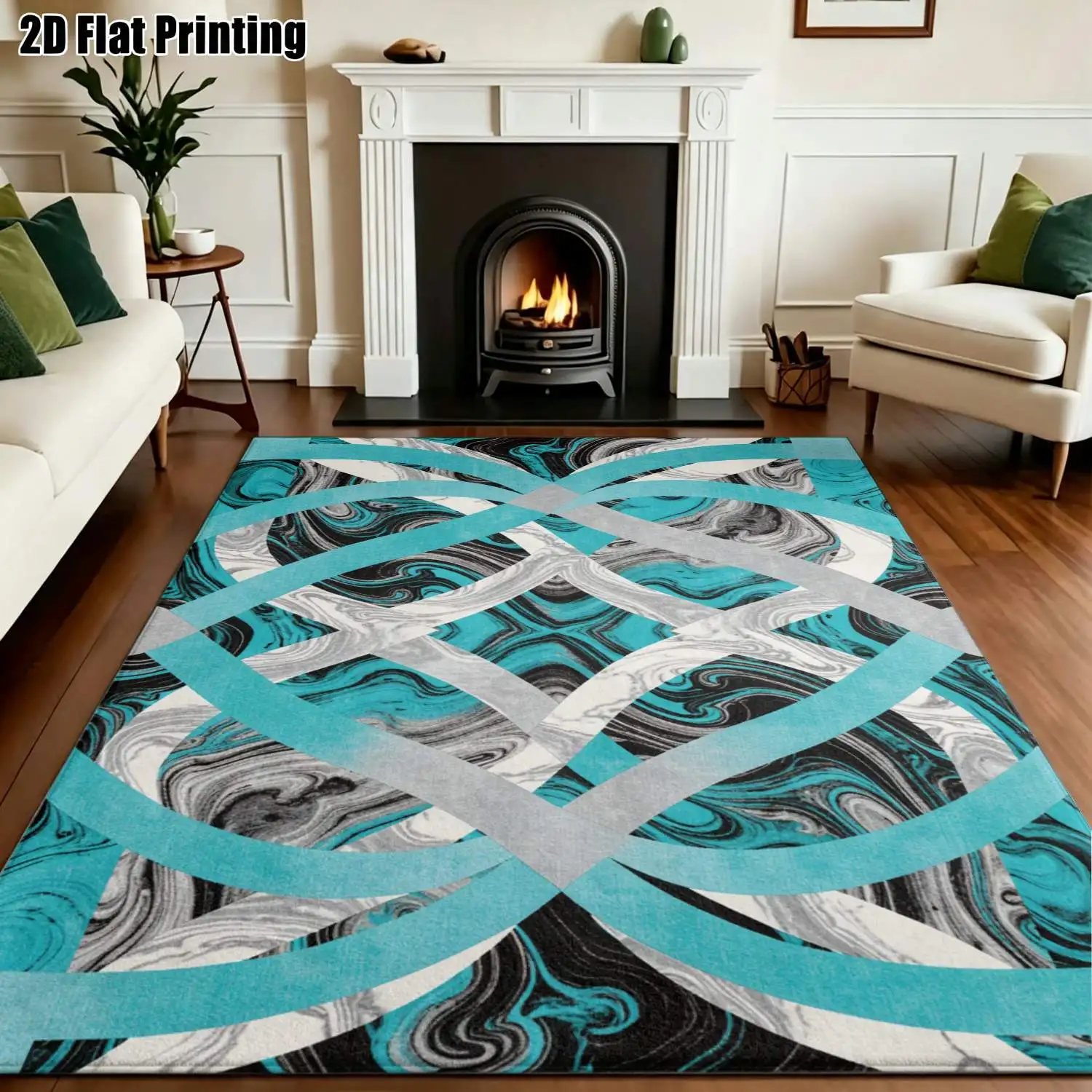 1Pc 2D Printed Carpet: Lake Blue-Grey Fluid Geometric Pattern, Modern Simple Instagram Style Floor Mat, Multi-Size, Machine Washable, Ideal for Home Decor & Multi-Scenario Use