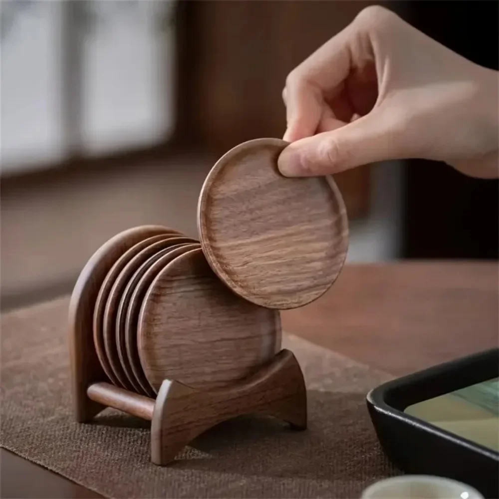 Natural Walnut Wood Coasters with Holder Round Wooden Drink Coaster Set Stackable Tea Coffee Cup Mat Home Decoration Gift