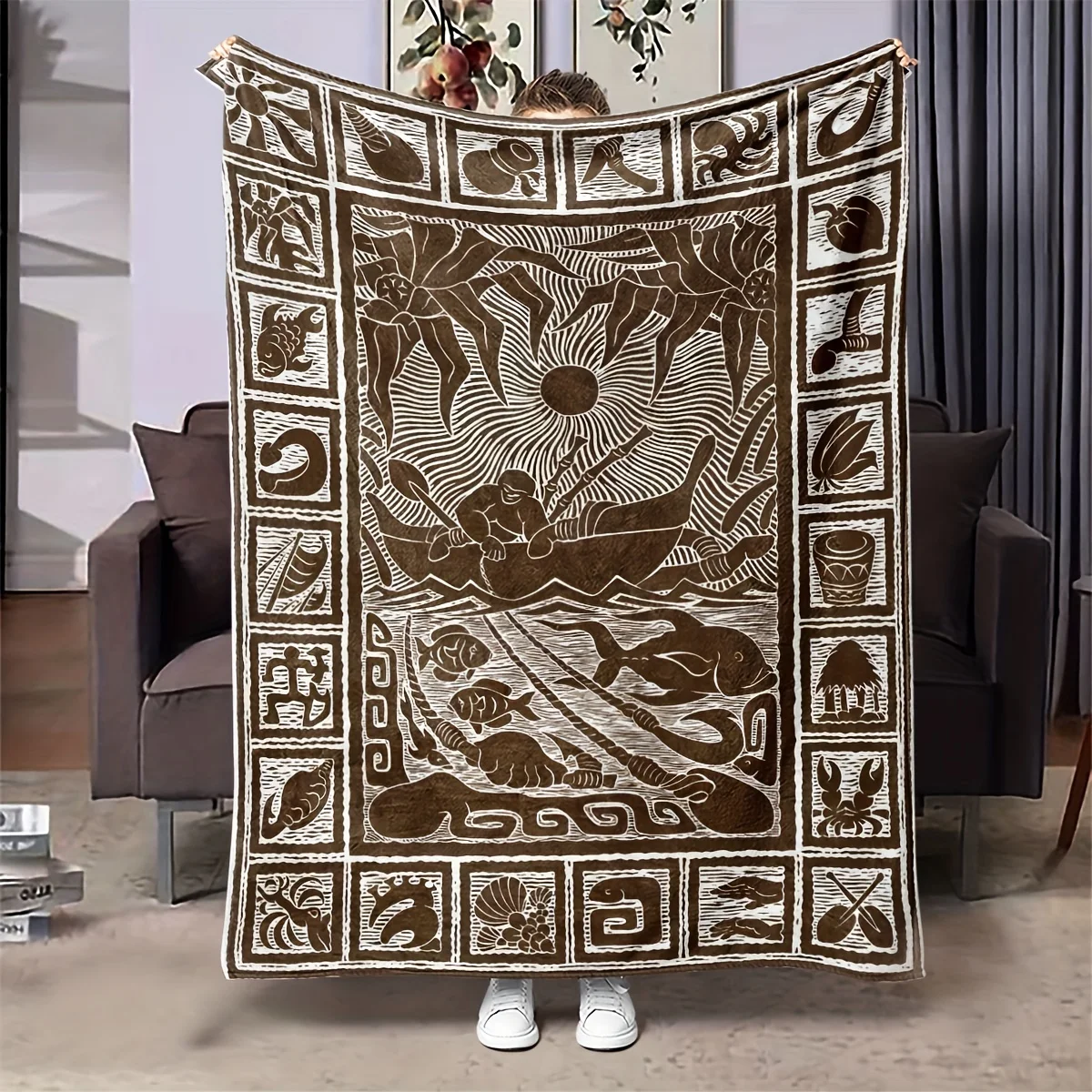 Mayan Style Tribal Blanket Ancient Pattern Fleece Throw All Season Soft Warm Bedding Home Decor Gift for History Lovers