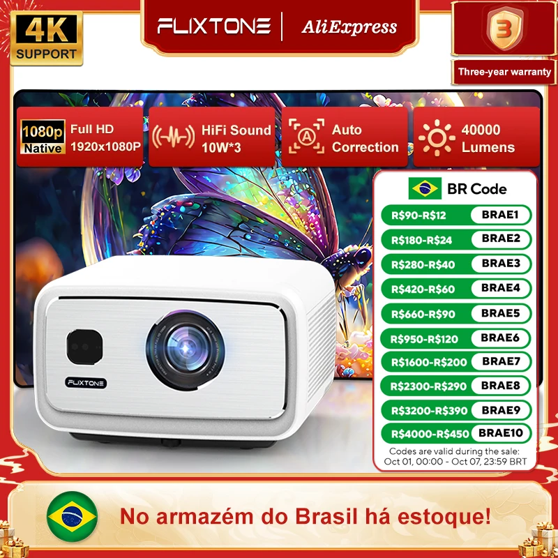 FlixTone D9W Ultra Full HD 1080P Projetor 4K 3000 ANSI Android 12 Projetor de feixe de teatro para casa ao ar livre Reunião Beamer de vídeo