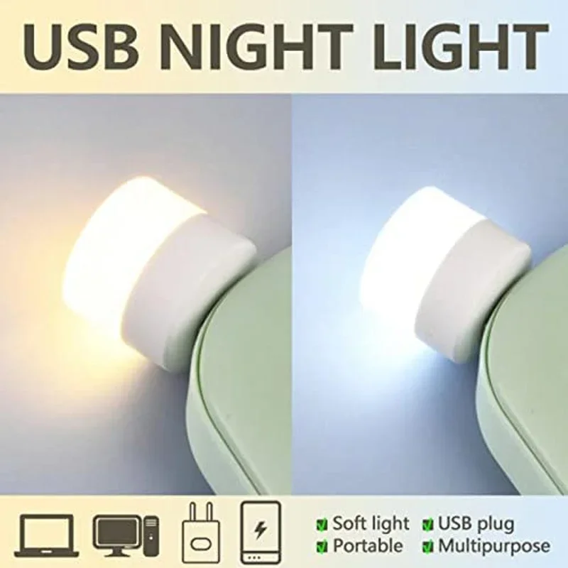 Mini luz nocturna USB blanca cálida, luz de lectura de libro de protección ocular, enchufe USB, computadora, carga de energía móvil, lámpara LED de