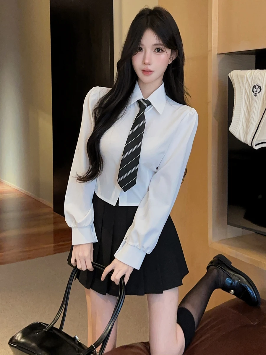 American College Style Slim Fit Long Sleeve Shirt Inner Stitching Color Block Vest High Waist Pleated Skirt Three Piece Set