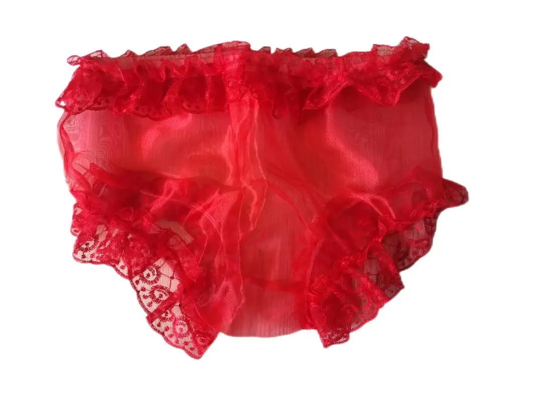 French Sexy Adult Customized Fetishist Crossdressing Sissy Red Transparent Mesh Elastic Waist Lace Lace Triangle Shorts