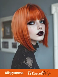 HAlloween Costume Punk Gothic Wig Short Straight Orange Synthetic Wig with Bangs Bob Ginger Cosplay Wig For Women Street Style