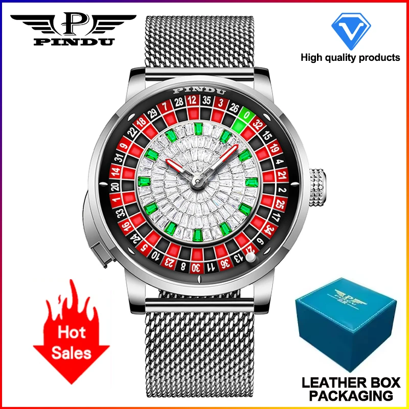 PINDU Design Nieuwe Drukknop Draai Russische Roulette Spel 46MM Mechanisch Herenhorloge NH35A Saffierglas Diamant Wijzerplaat Herenhorloge
