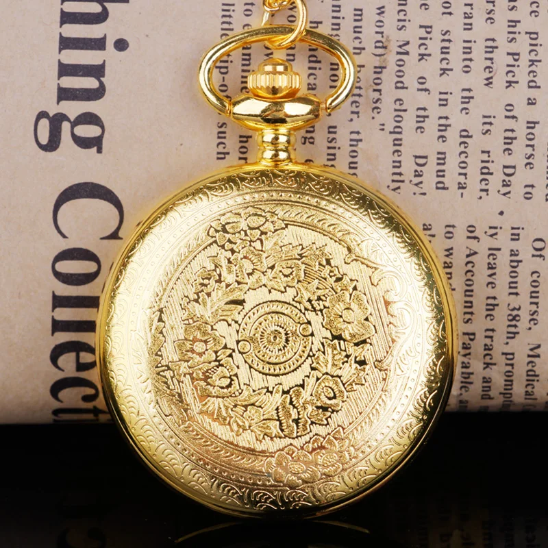 Jam Saku Kronograf Ukiran Emas Mewah Vintage untuk Pria, Perhiasan Abadi untuk Suami, Liontin Kenang-kenangan, Jam Kuarsa Pria