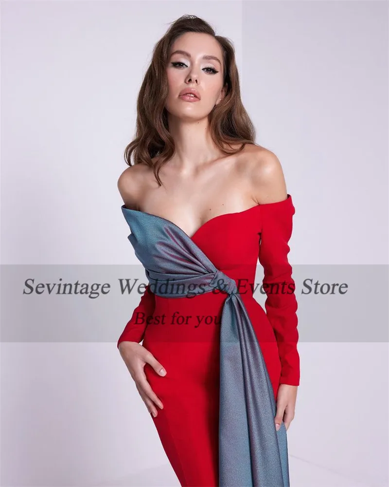 Sevintage Fashion Stitching Color Satin Prom Dress Mermaid Boat Neck Long Sleeves Floor Length Evening Dress vestido de gala