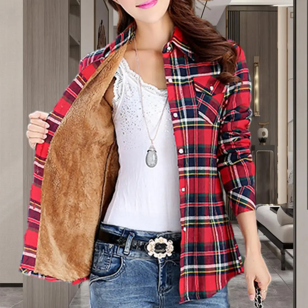 Fleece Lining Women Shirt Warm Plaid Print Shirt Coat Casual Fleece Velvet Plush Thicken Autumn Winter Shirt Coat Lady Outerwear