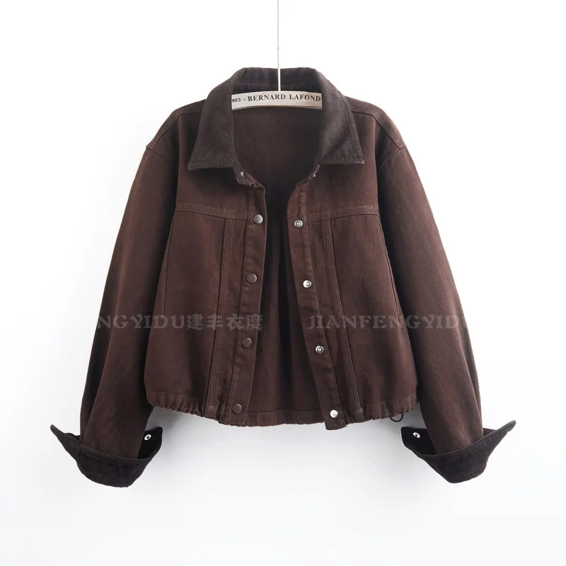 Autumn Vintage Contrast Color Lapel Short Corduroy Jacket Coffee Color Green Beige Loose Casual Long Sleeve Female Cropped Outer