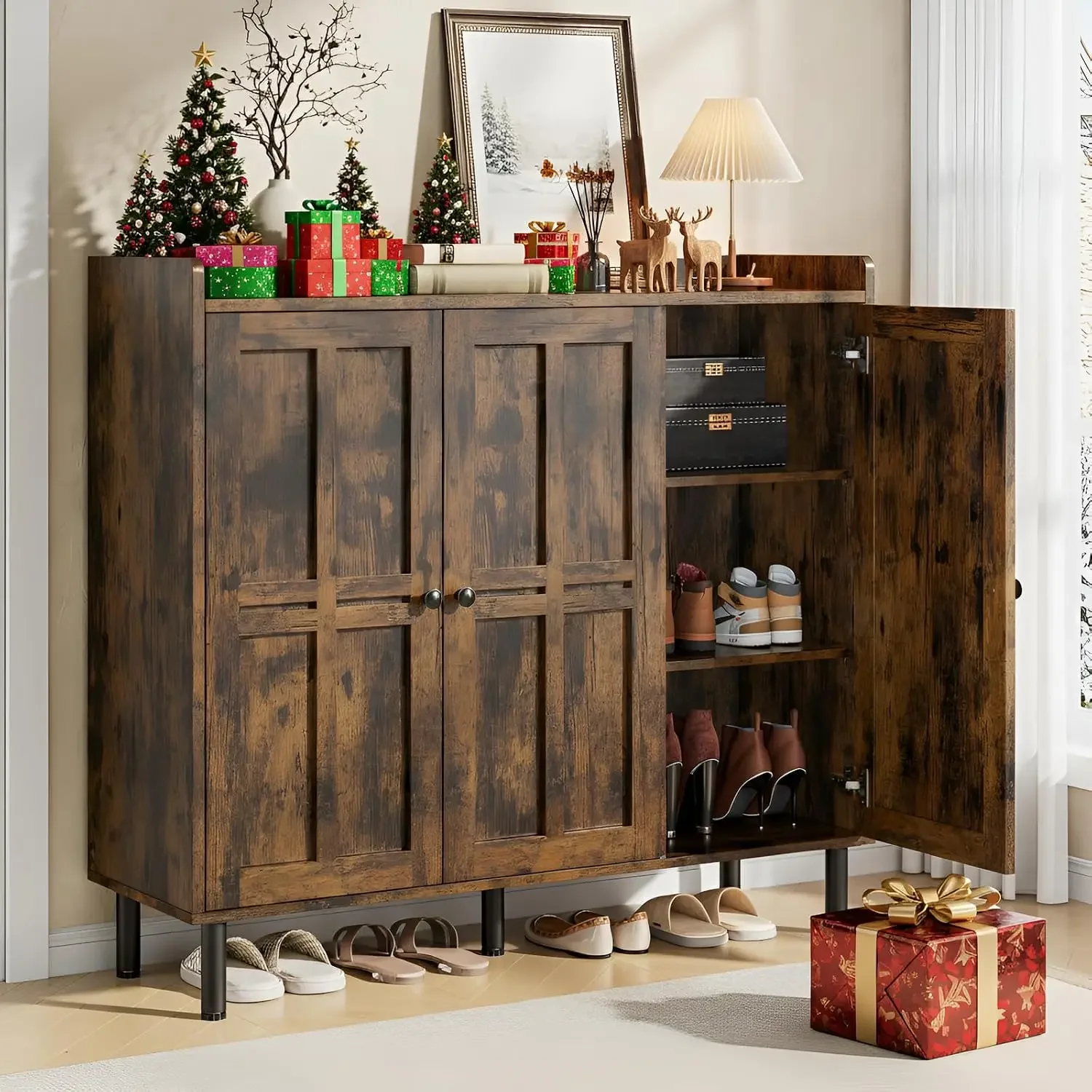 Durable Rustic Refined Distinctive Walnut Shoe Cabinet Metal Practical Decorative Smooth Tall Shoe Cabinet Sapateira Furniture