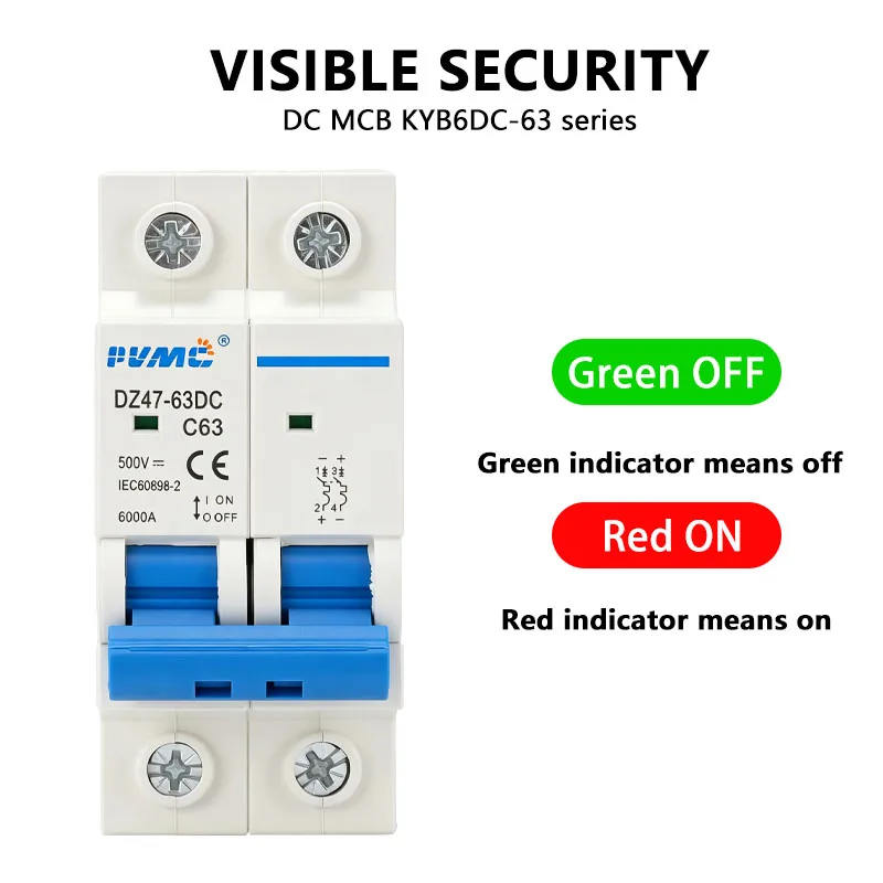 2 Pole DC Mini Circuit Breaker DZ47-63DC C63 63A 500V DC MCB Solar PV System Disconnect Switch Overcurrent Protection Air Switch image 4
