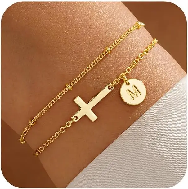 Waterproof Women Initial Cross Bracelets 14K Gold Layered Cross Bracelet Disc Bracelet for Teen Girl Baptism Christian Gifts