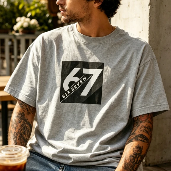 Fashion Men's 67 SIX SEVEN Graphic Tee Gray Cotton Crewneck T-Shirt Casual Streetwear Hip Hop Short Sleeve Unisex Y2k Top