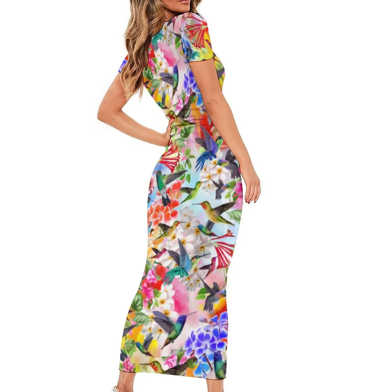 Kleurrijke Bloemenprint Jurk Korte Mouw Kolibries Kawaii Maxi Jurken Lente Streetwear Grafische Bodycon Dress Big Size 5XL