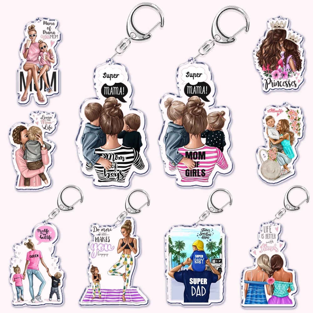 Cartoon Brown Hair Super Mama Mom Keychain for Accessories Bag Pendant Key Chain Ring Keychains Jewelry Mothers Fathers Day Gift