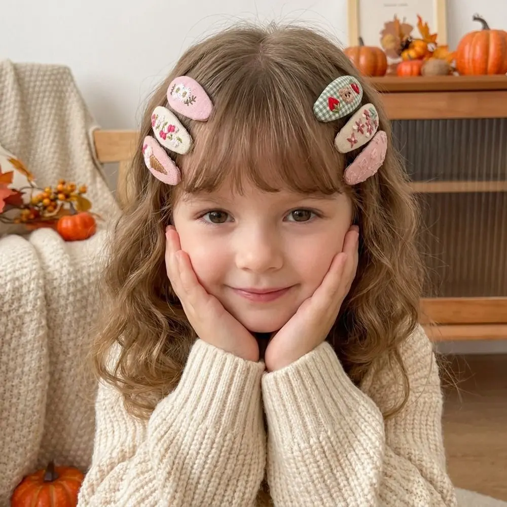 2Pcs/set Fabric Embroidery Hair Clip Oval Plaid Children's Hair Accessories Daisy All-match Floral Embroidered Hairpin Set Party