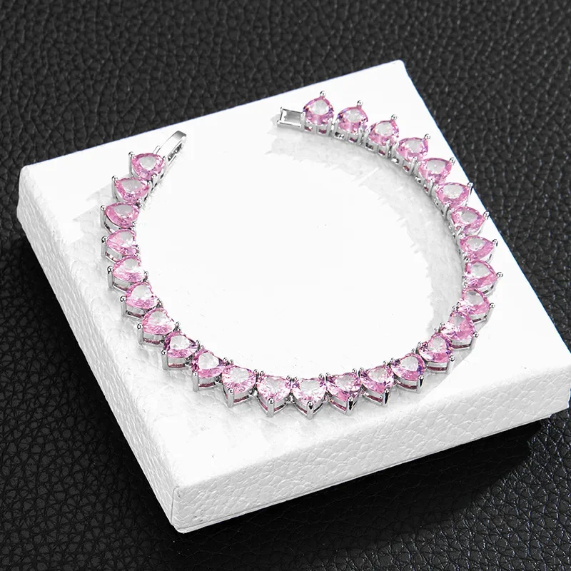 

Bling Crystal Pink CZ Stone Heart Love Bracelet For Women Girl Wedding Gold Silver Color Tennis Chain Infinityy Jewelry Gift