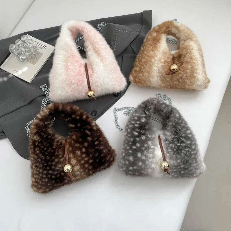 Плюшевая большая сумка, модная сумка-ведро с цветным принтом оленя, зимняя сумка-ведро из искусственного меха, корейский стиль, милый кошелек с цепочкой, сумка через плечо