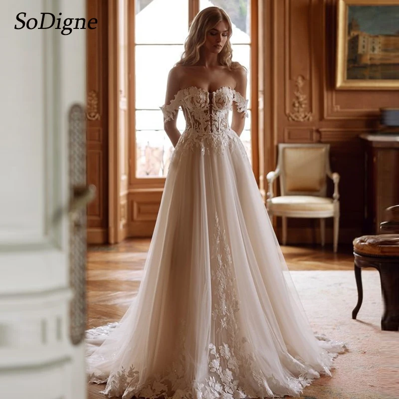 SoDigne A-line Off Shoulder Wedding Dresses Sweetheart Appliques Tulle Bridal Dress Long Boho Wedding Gown Custom Made ﻿