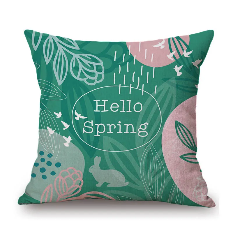 Green Hello Spring Easter Bunny Lovely Cute Rabbit Home Decoration Cotton Linen Sofa Throw Pillow Case  Car Seat Cushion Cover
