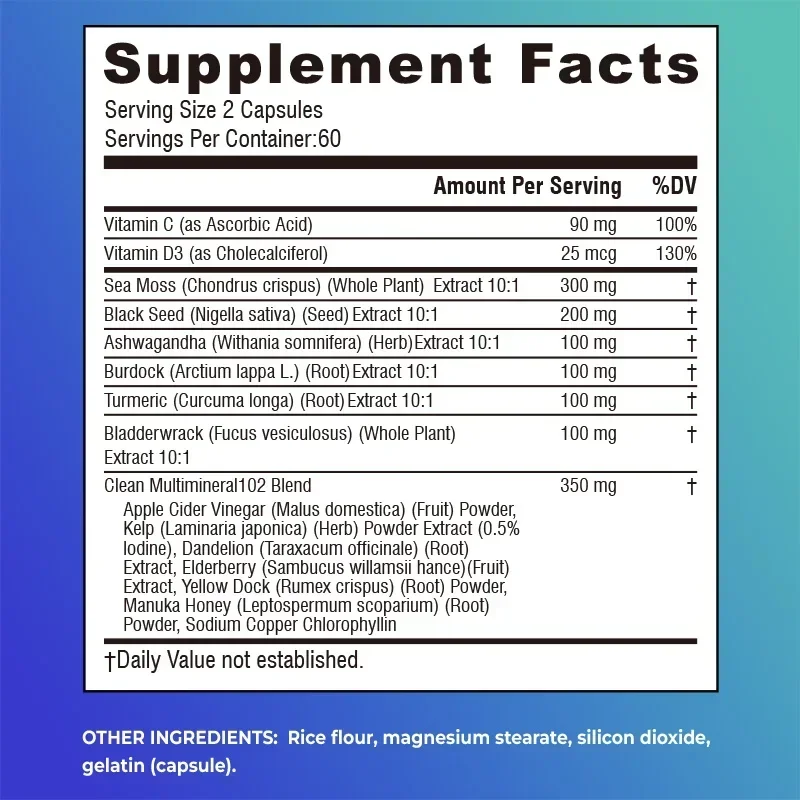 Musgo marino, aceite de semilla negra, raíz de Ashwagandha y bardana - Apoyo tiroideo, antioxidantes, digestión, piel, articulaciones, cabello y uñas Salud