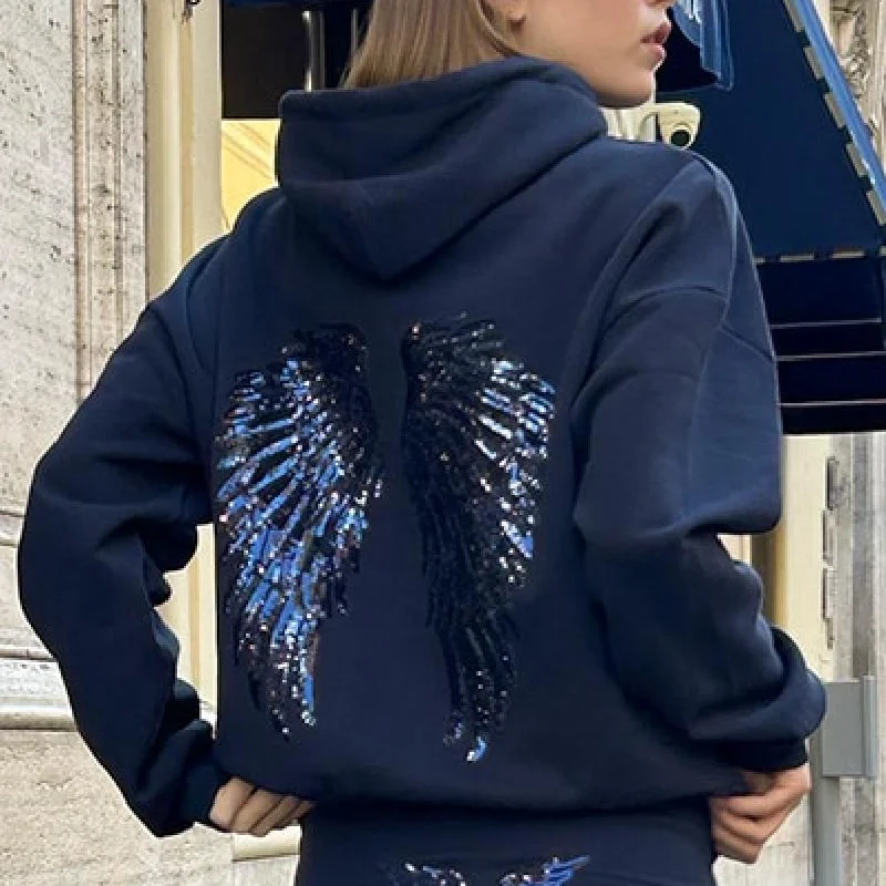 2025 Fashion Whiter Wing Glitter Patchwork Hoodies Women Casual Full Sleeve Lace Up Pocket Top Autumn Winter High Street Outfits