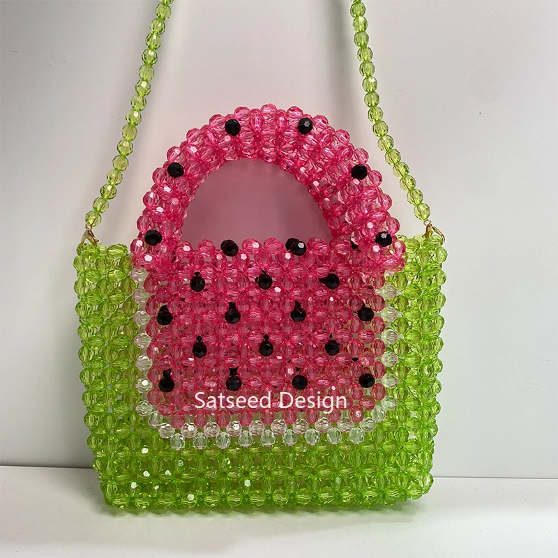 Watermelon Pattern Design Handmade Beaded Bag for Women\'s Dinner and Party Top-Handle Bags Summer Fashion Transparent Acrylic