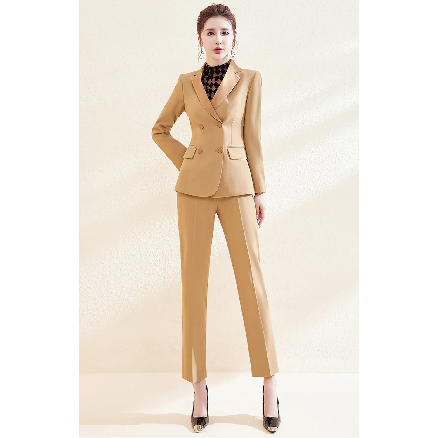 

Allingentle женский костюм, комплект из 2 предметов, деловой атласный пиджак с лацканами, элегантный брючный комплект для вечеринки, офисной работы, наряды на заказ