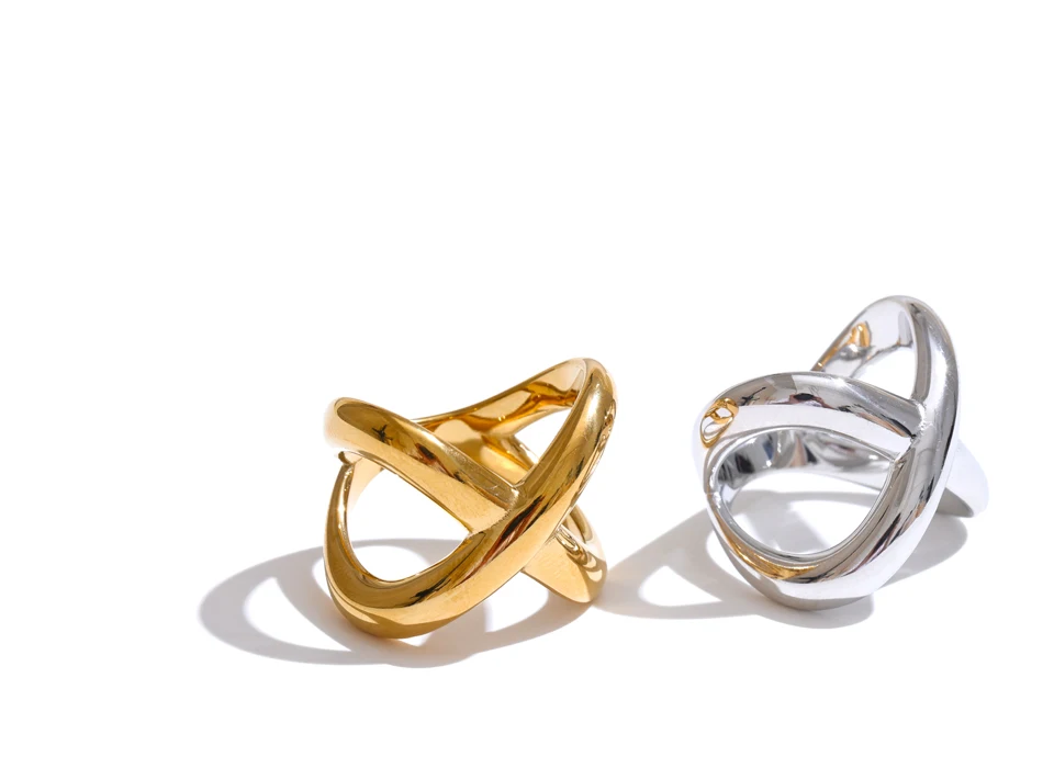 Yhpup # PVD-beschichteter Statement-Edelstahl in X-Form, geometrischer Fingerring, wasserdicht, glattes Metall, handgefertigter polierter Schmuck – Detail 8