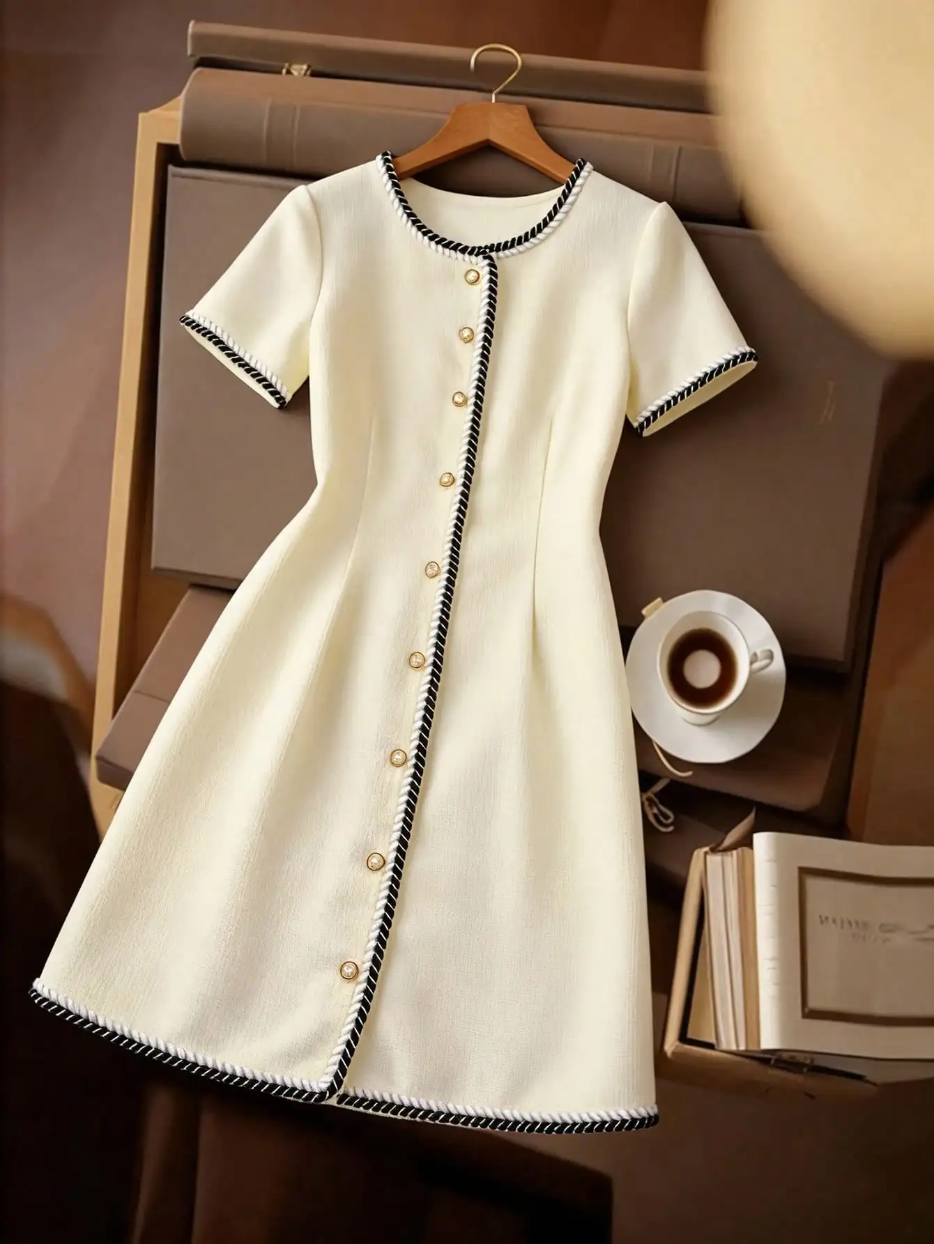 

Кремовое платье А-силуэта с круглым вырезом, короткими рукавами, контрастной отделкой и жемчужными пуговицами