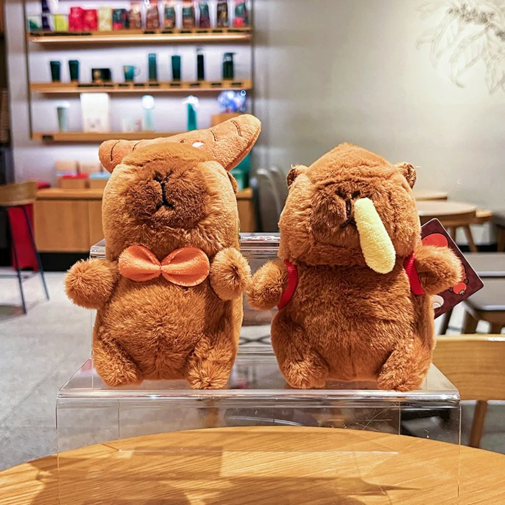 Funny Soft Capybara Key Ring Cartoon Croissant Plush Animal Pendant Bow French Fries Backpack Pulling Rope Doll Keychain Daily