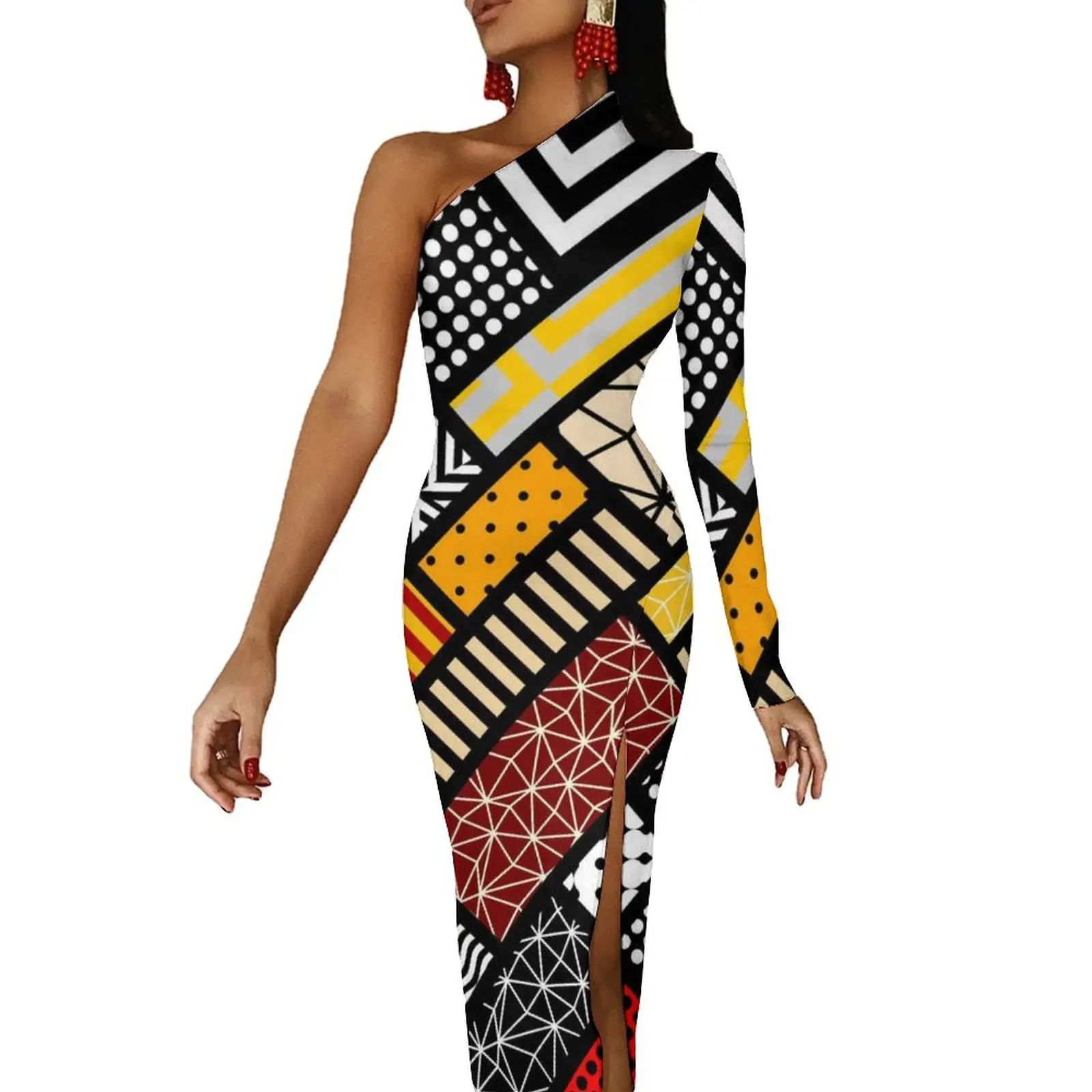 Vintage Tribal Maxi Dress One Shoulder Abstract Square Streetwear Bodycon Dresses Summer Retro Dress Ladies Graphic Vestido