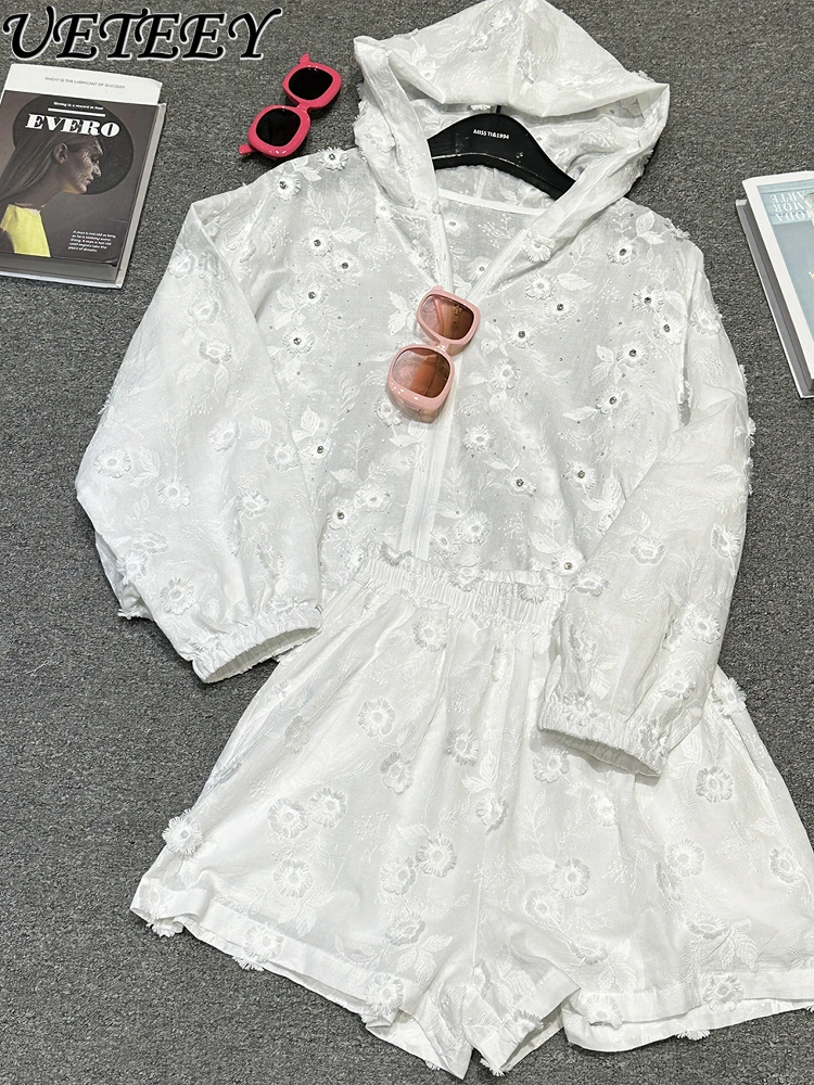 2025 Summer Heavy Industry New Embroidery Flower Hooded Long-sleeved Shirt Women's Loose Casual Solid Color Versatile Tops