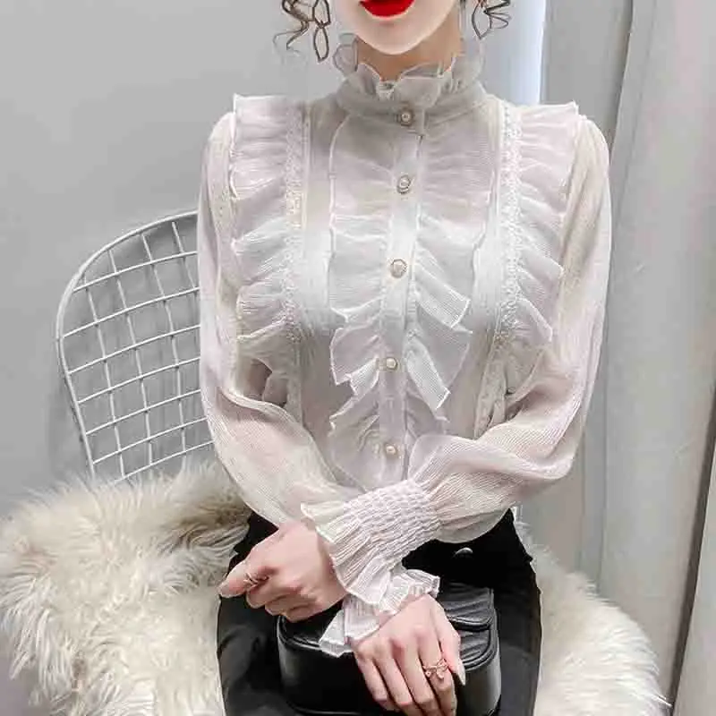 Sweet and Chic Long Sleeve Stand Collar Blouses Women Casual Loose White Shirts Korean Lace Ruffles Elegant Chiffon Blusas 13433