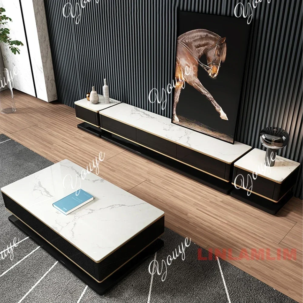 XM Modern Black High Gloss TV Stand And Coffee Table Set With Gold Trim, Sintered Stone / Glass Texture Finish, Storage Drawers