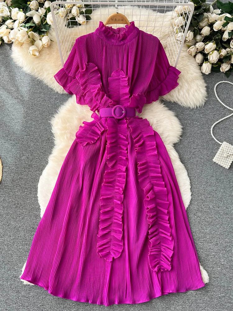 Summer Clothing for Women White/black Dress Slim Ruffle Edge Short Sleeved Fold with Belt Office Ladies Wedding Dresses