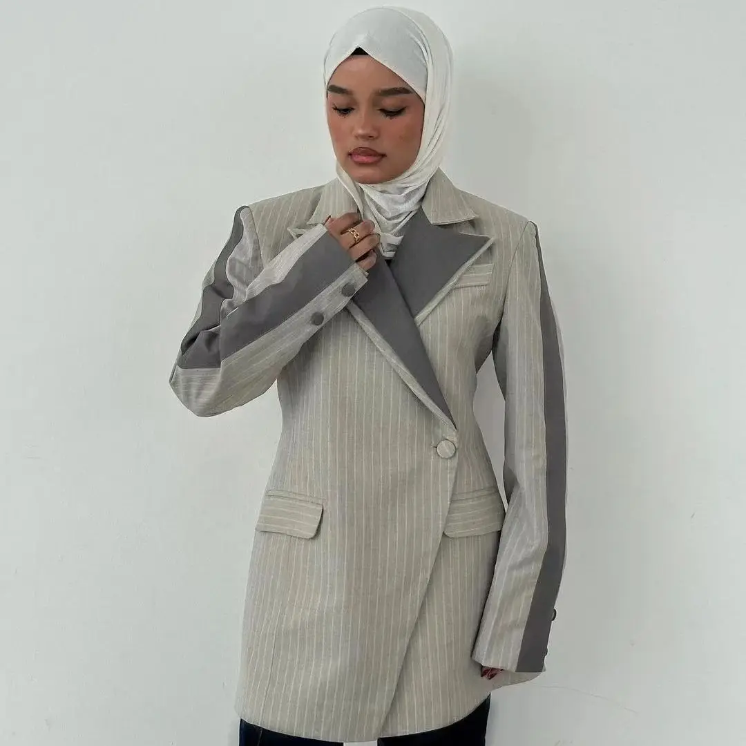 

Женский осенний полосатый костюм, пальто, сверхпрочная женская куртка контрастных цветов, двухслойный воротник, затягивающая талию, пальто