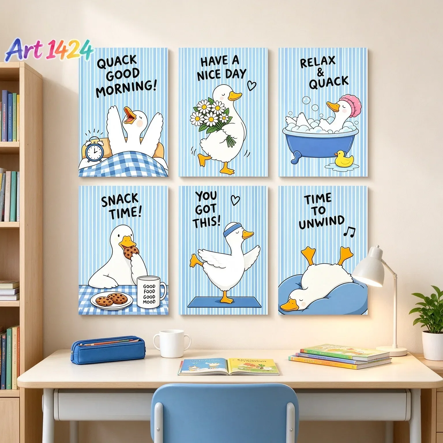 Cute White Duck Wall Art Prints Blue Striped Cartoon Duck Poster Funny Positive Quote Canvas Painting Kids Nursery Bedroom Decor