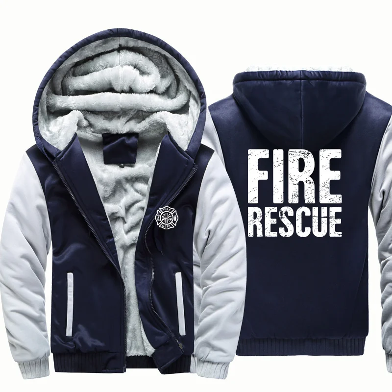 Fire Rescue Firefighter Fireman Autumn Winter Zipper Hooded Man Hoodies Sweatshirts Fleece Warm Wool Thick for Men Jackets Coat