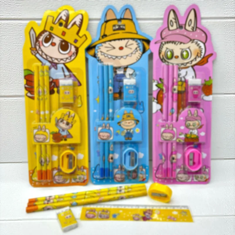 POP MART Labubu Stationery Set for Student Anime Cartoon Pencil Ruler Eraser Pen Sharpener Suit Boys Girls School Study Supplies