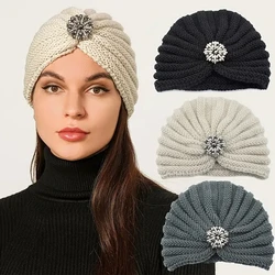 2023 New Round Bead Accessory Hat Women Wool Knitted Hats Bohemian Hijab Cap Autumn and Winter Silver Diamond Jewelry Bonnet