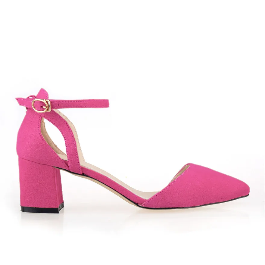 2025 Pointed Flock Women Sandals Concise Buckle Thick High Heels Ladies Office Shoes Red Yellow Hollow Dress Wedding Woman Pumps