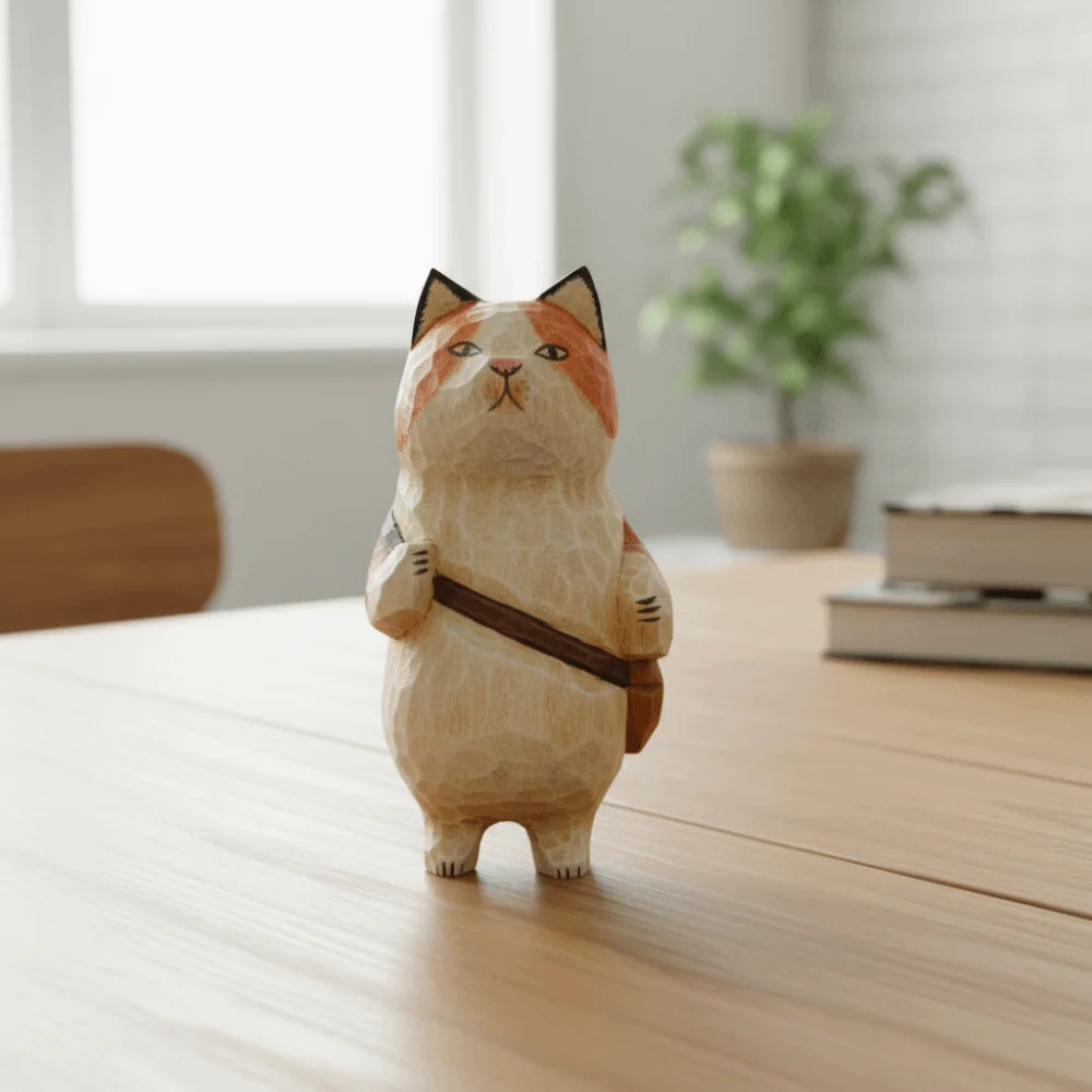 Cartoon Wood Carving Cat Ornament Handmade Traditional Hand Engraving Cat Decorations Unique Painted Cat Sculpture